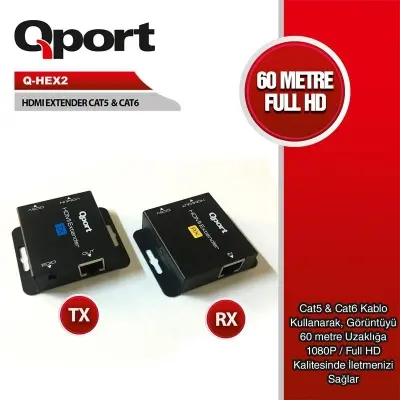 QPORT Q-HEX2 HDMI EXTENDER CAT6 60M 2 Lİ PAKET (ADAPTÖR DAHİL) 