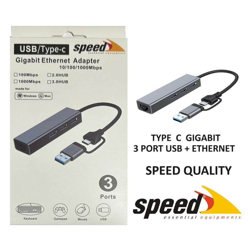 SPEED SP UET01 10/100/1000MBPS USB / TYPE-C 3 PORT USB 3.0 ÇOKLAYICI GIGABIT ETHERNET DÖNÜŞTÜRÜCÜ 