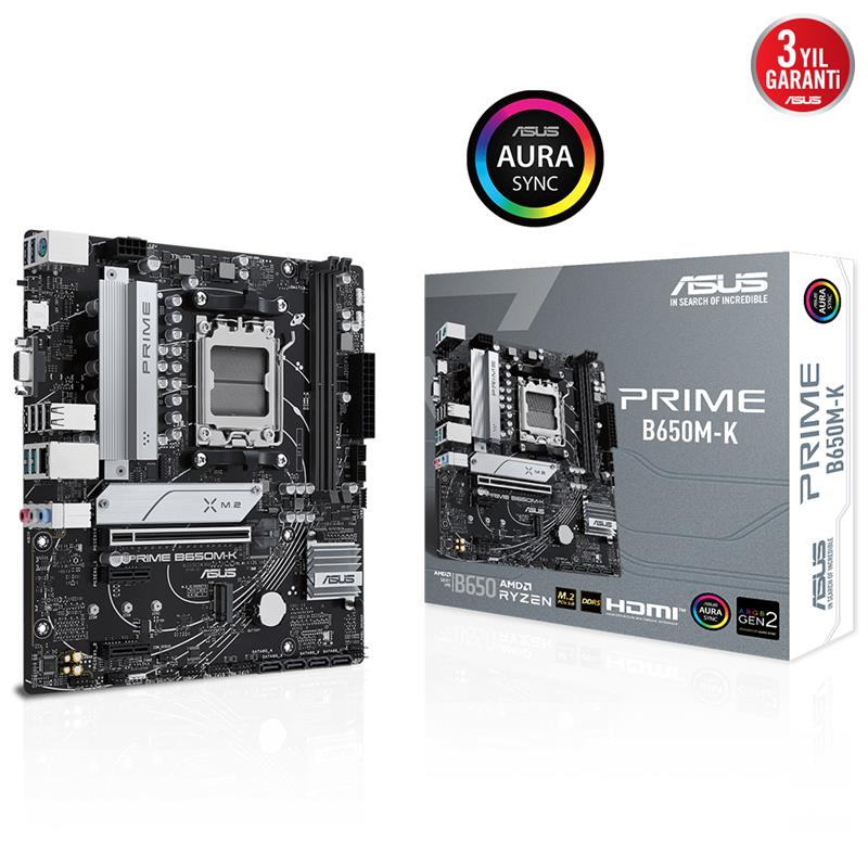 ASUS PRIME B650M-K DDR5 6400MHZ 1XVGA 1XHDMI 2XM.2 USB 3.2 MATX AM5 ( AMD AM5 7000 SERISI ILE UYUMLU) 