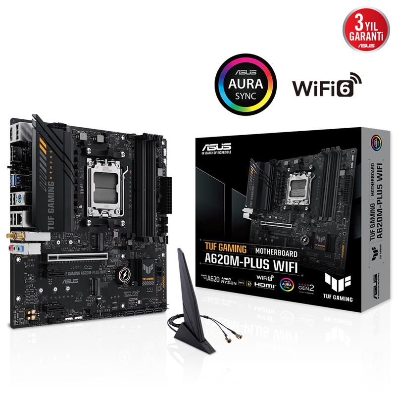 ASUS TUF GAMING A620M-PLUS WIFI DDR5 6400MHZ 1XHDMI 2XDP 2XM.2 USB 3.2 MATX AM5 (AMD AM5 7000 SERISI ILEMCI UYUMLU) 