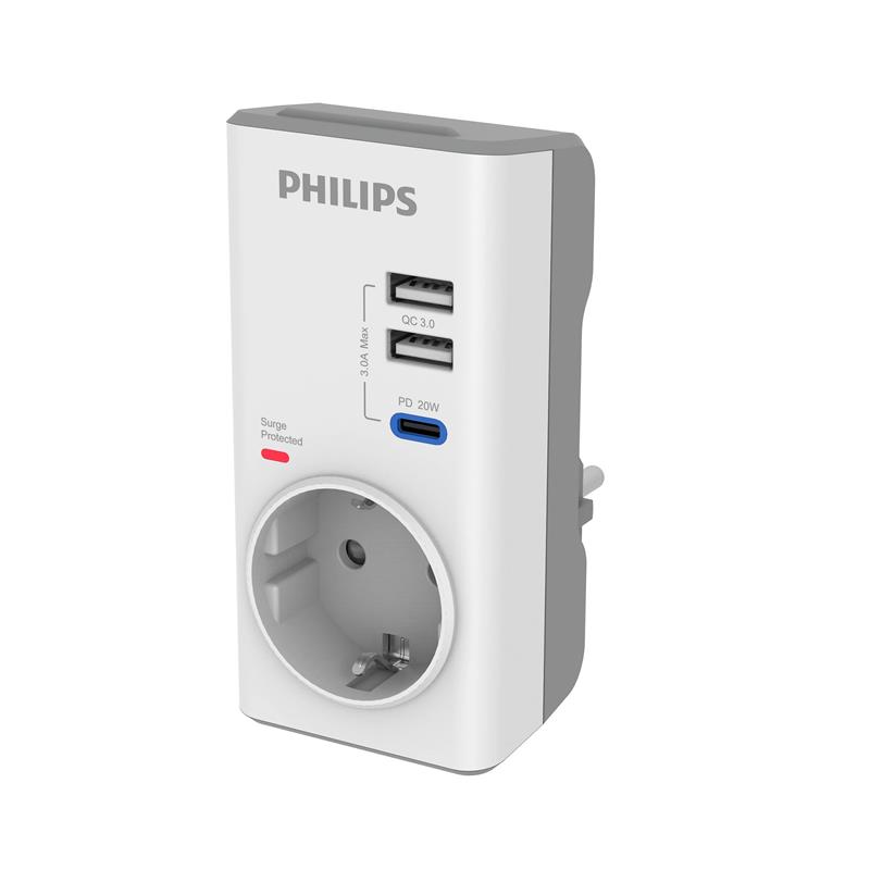 PHILIPS CHP8010W TEKLİ AKIM KORUMA PRİZ, 380J, 2X USB-A OUT, 1X USB-C OUT (PD & QC 3.0) BEYAZ 