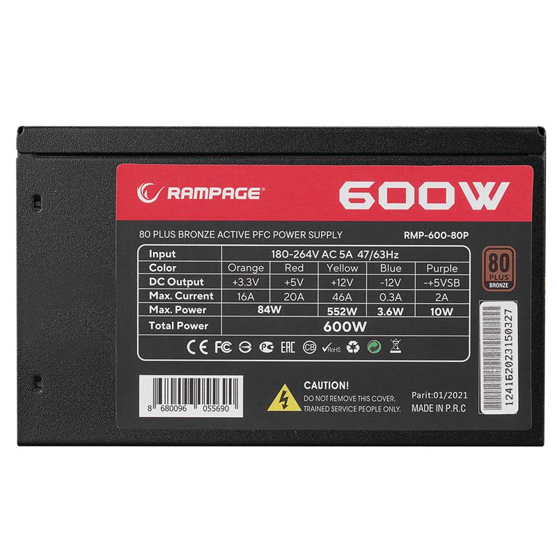 RAMPAGE RMP-600-80P 600W 80PLUS BRONZE 12CM FAN AKTİF PFC POWER SUPPLY 