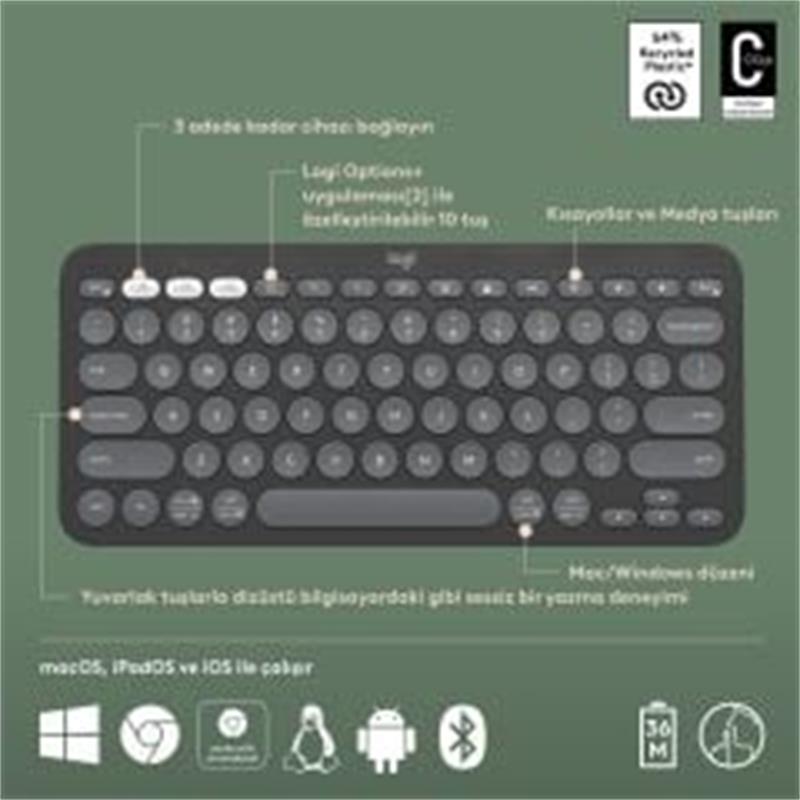 LOGITECH K380S PEBBLE KEYS 2 ÇOKLU CİHAZ ÖZELLİKLİ BLUETOOTH TÜRKÇE Q KLAVYE GRİ 920-011859 