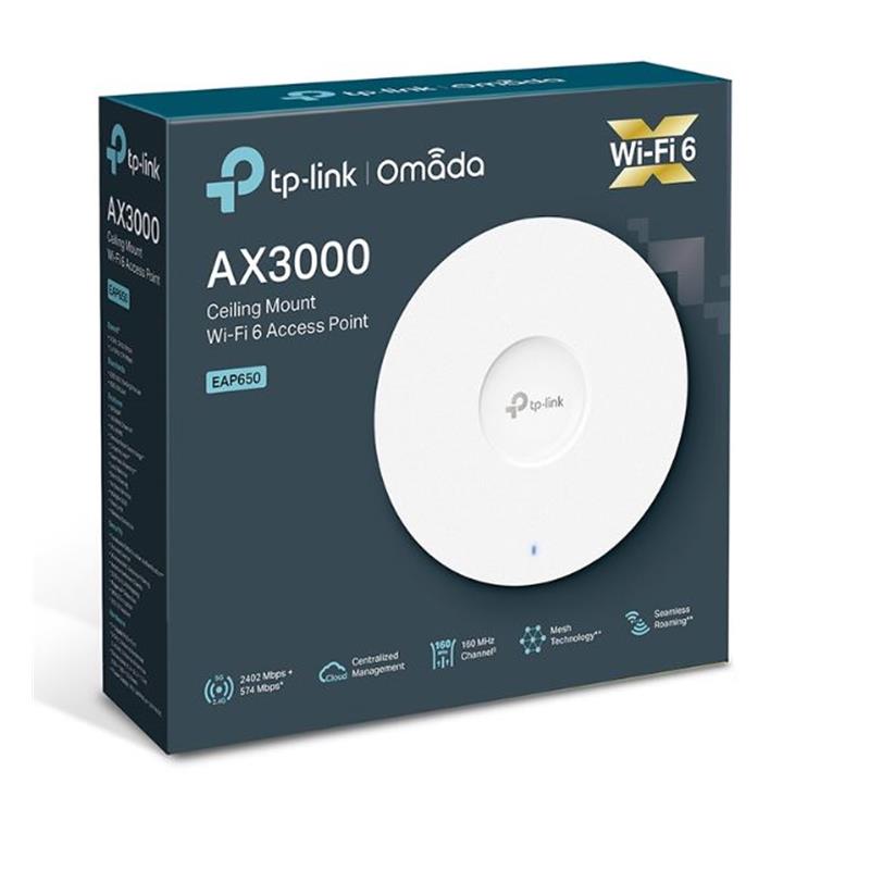 TP-LINK OMADA EAP650 AX3000 DUAL BAND WIFI6 1XGBIT RJ45 PORT 574MBPS/2.4GHZ TAVAN TİPİ ACCESS POINT (ADAPTÖRLÜ) 