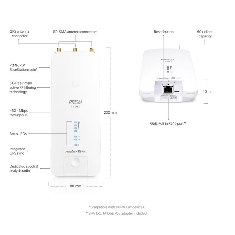 UBNT RP-5AC-GEN2 ROCKET PRISM 5AC 5GHZ 500MBPS PTP/PTMP DIŞ ORTAM ACCESS POINT 