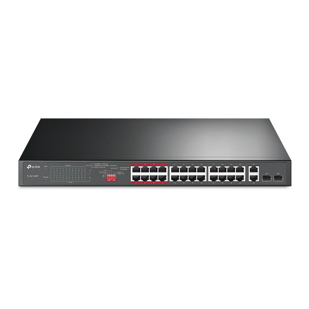 TP-LINK TL-SL1226P 24 PORT 10/100 +2X GIGABIT RJ45/SFP COMBO 250 METRE POE MESAFE 250W RACKMOUNT SWITCH 