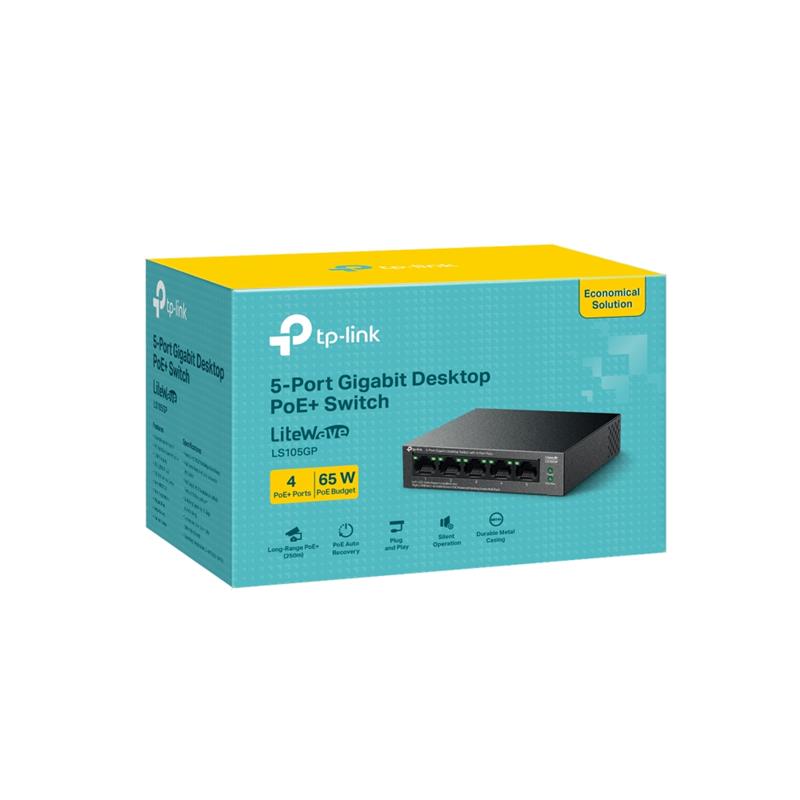 TP-LINK LS105GP 4 PORT GIGABIT + 1 PORT RJ45 UPLINK POE 65W 250 METRE POE MESAFE METAL KASA SWITCH 