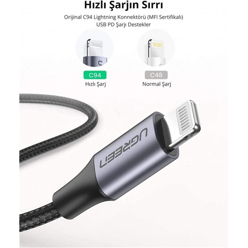 UGREEN UGREEN TYPE-C TO LIGHTNING 3A PD MFİ SERTİFİKALI ÖRGÜLÜ HIZLI ŞARJ KABLOSU 1 MT SİYAH 60759 Resim-2