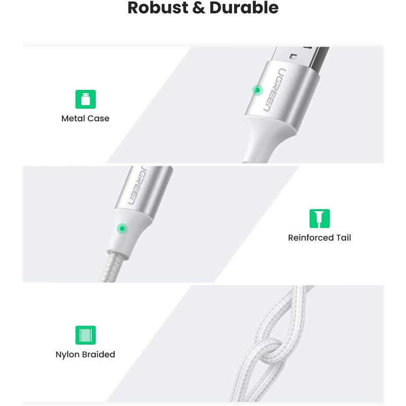 UGREEN UGREEN TYPE-C TO USB-A 3A QC ÖRGÜLÜ HIZLI ŞARJ KABLOSU 1 MT GÜMÜŞ BEYAZI 60131 Resim-2