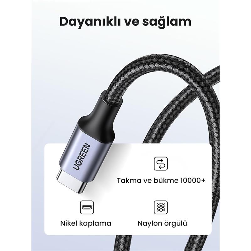 UGREEN USB-C 60W 3A QC PD ÖRGÜLÜ HIZLI ŞARJ KABLOSU 2 MT SİYAH 50152