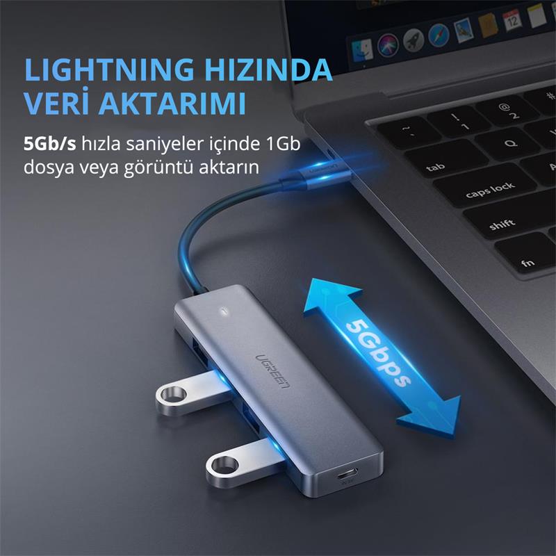 UGREEN TYPE-C USB 3.0 4 PORT USB HUB ÇOKLAYICI GRİ 70336 