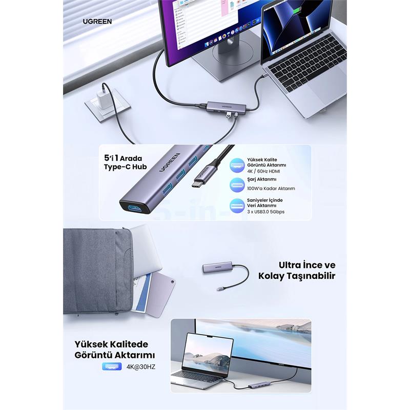 UGREEN UGREEN 5IN1 USB-C 100W PD 4K HDMI HUB ÇOKLAYICI GRİ 15596 Resim-2